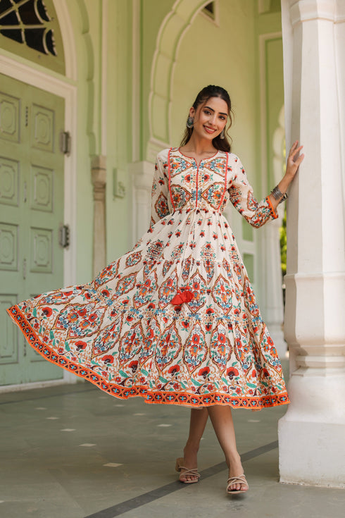 White Printed Fit & Flare Ethnic Dress